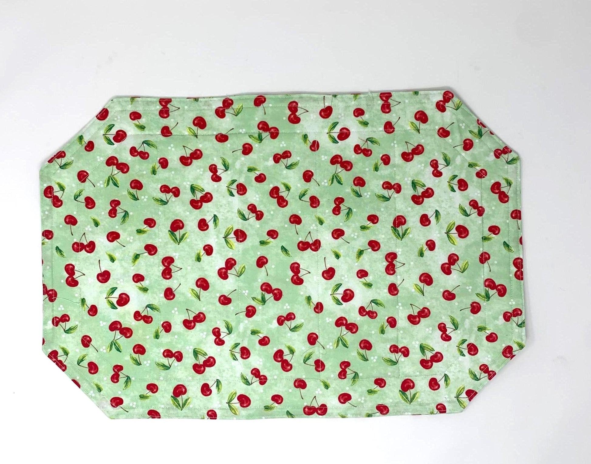 Cherries Placemat Set, Qulted Place Mats, Octagon Shape, Red Cherries on Green