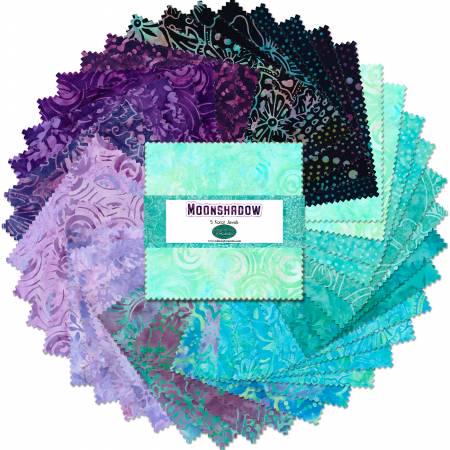 Batik Fabric Squares, Moonshadow Batik, Charm Pack, Purple, Green, Wilmington Prints