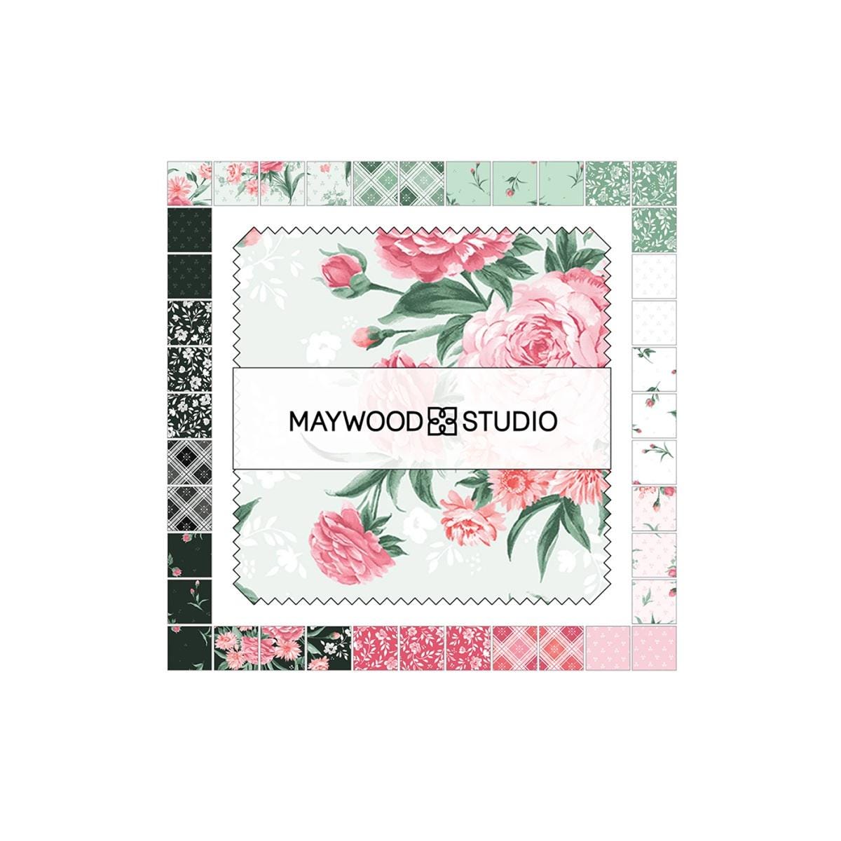 Floral Charm Pack, Garden Picnic, Pink, Green, Black, Maywood Studio, Charm Pack, Pink,