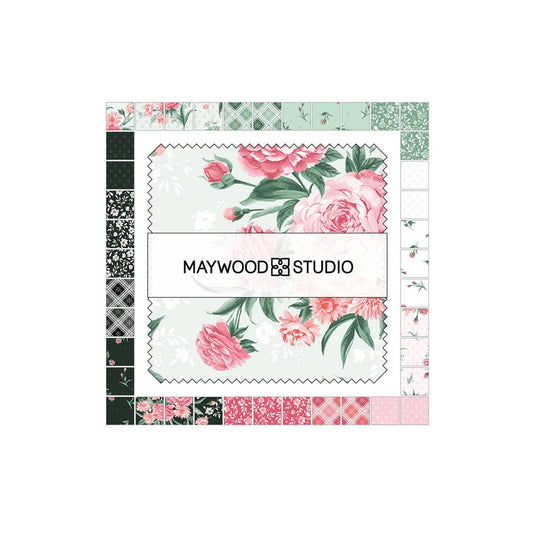 Floral Charm Pack, Garden Picnic, Pink, Green, Black, Maywood Studio, Charm Pack, Pink,