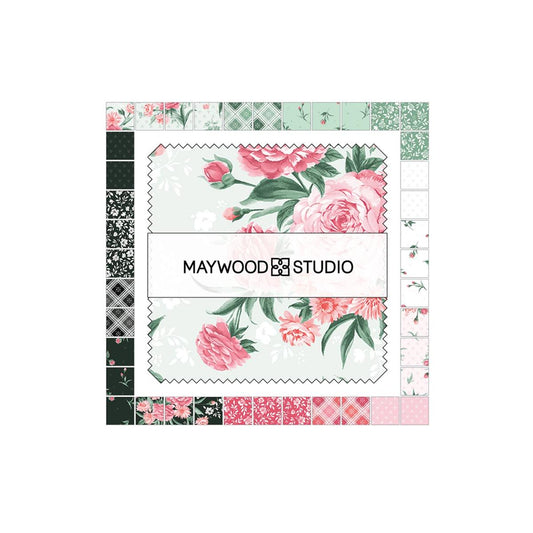 Floral Charm Pack, Garden Picnic, Pink, Green, Black, Maywood Studio, Charm Pack, Pink,