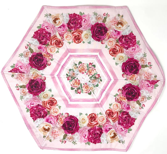 Shabby Chic Pink Rose Table Topper Quilt, Roses, Leaves, Octagon Table Top Centerpiece, Handmade