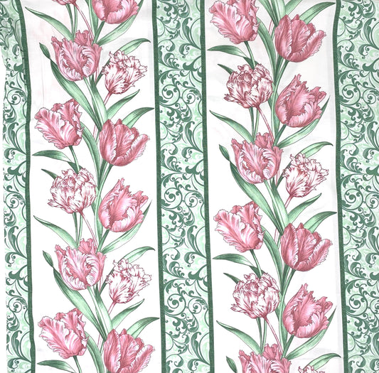 Floral Tulips Border yardage, Evelyn's Etched Tulips, Etched Tulips Stripe Cream, Spring Floral yardage, Pink Tulips, Benartex