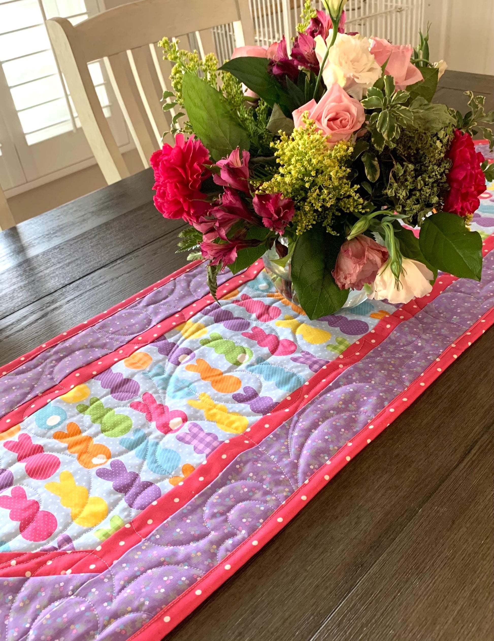 Easter Bunny Peeps Table Runner Quilt, Spring Quilt, Purple, Pink, Yellow, Green, Handmade Quilt