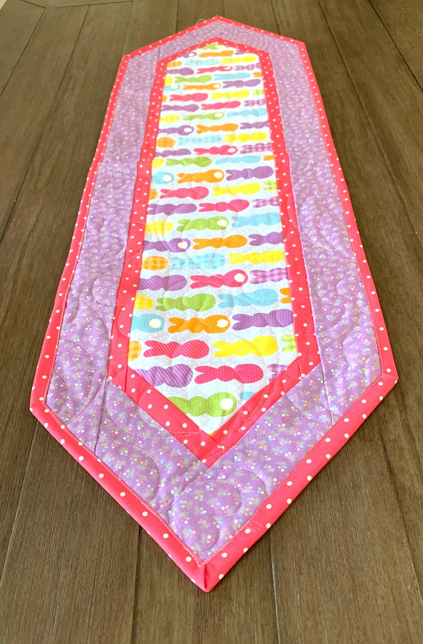 Easter Bunny Peeps Table Runner Quilt, Spring Quilt, Purple, Pink, Yellow, Green, Handmade Quilt
