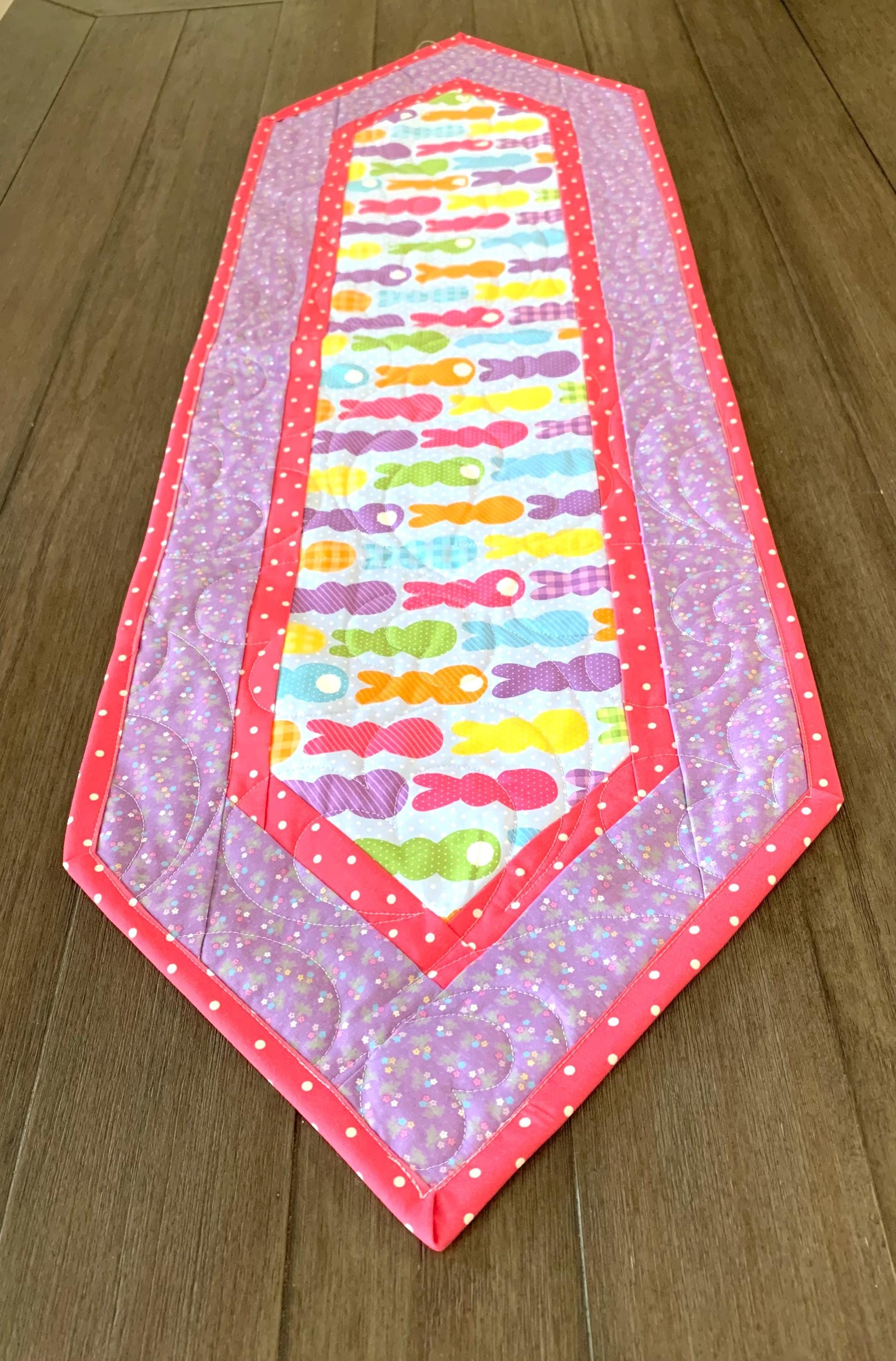 Easter Bunny Peeps Table Runner Quilt, Spring Quilt, Purple, Pink, Yellow, Green, Handmade Quilt