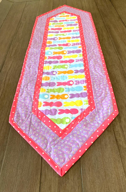 Easter Bunny Peeps Table Runner Quilt, Spring Quilt, Purple, Pink, Yellow, Green, Handmade Quilt