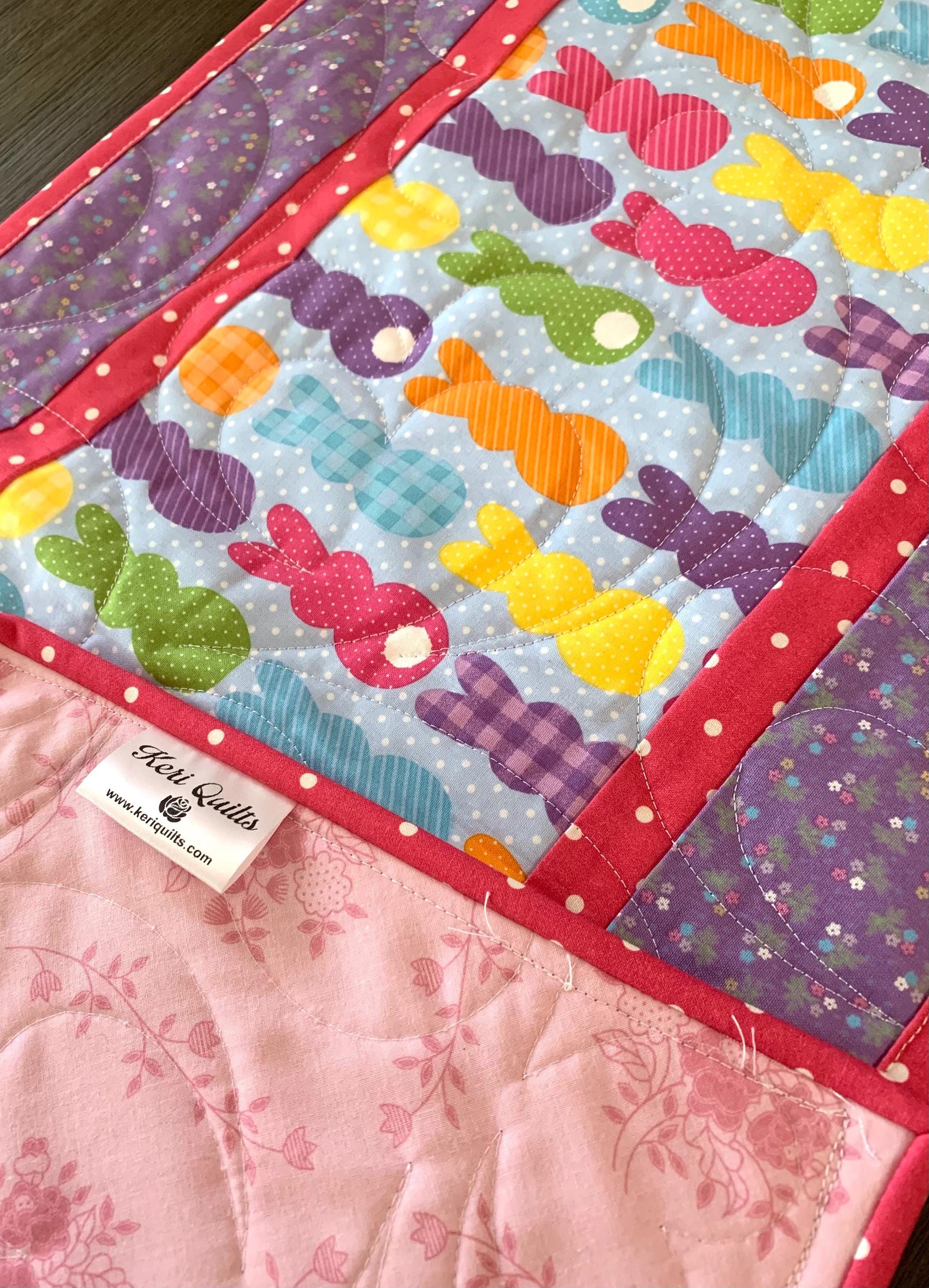 Easter Bunny Peeps Table Runner Quilt, Spring Quilt, Purple, Pink, Yellow, Green, Handmade Quilt
