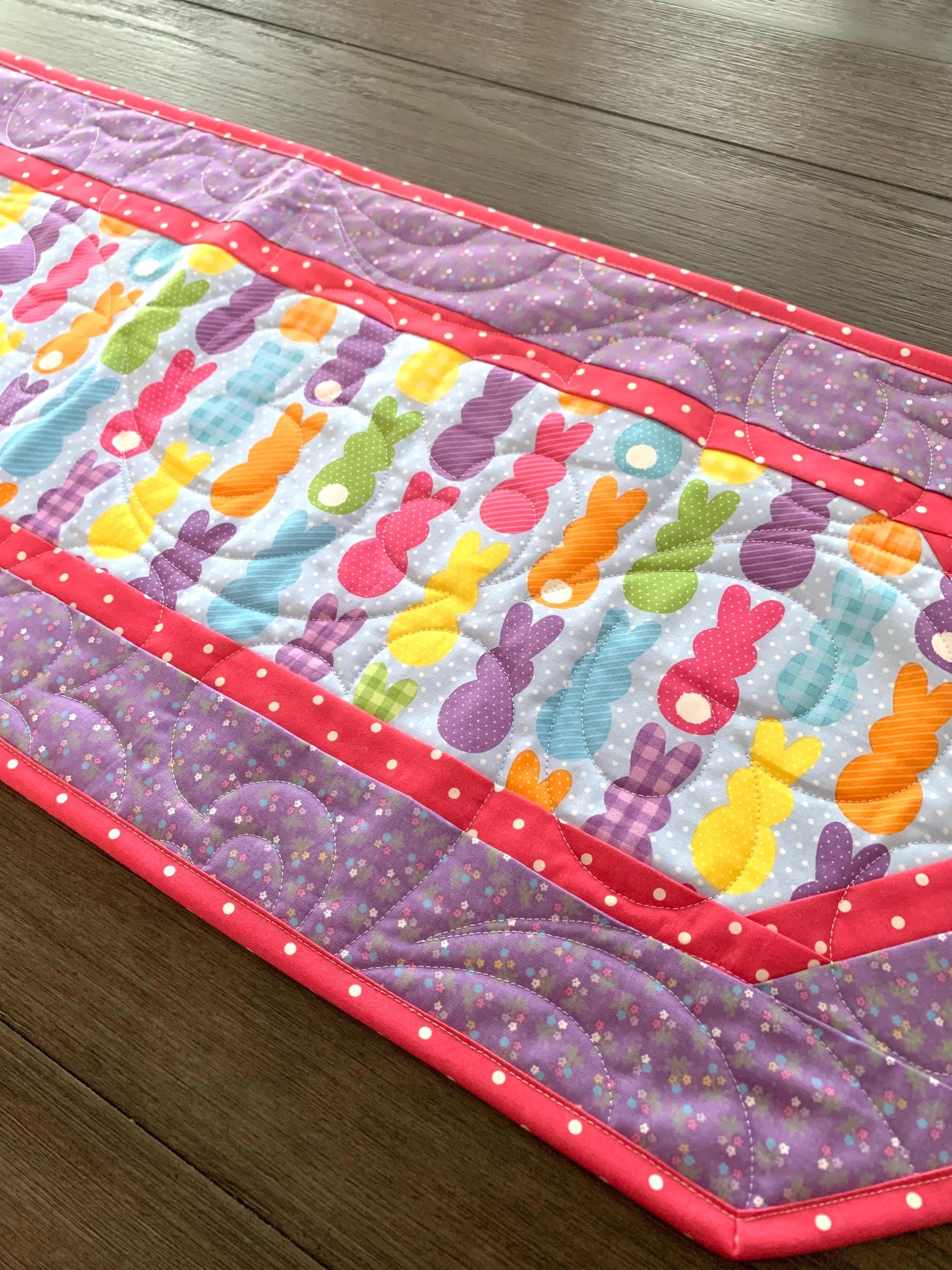 Easter Bunny Peeps Table Runner Quilt, Spring Quilt, Purple, Pink, Yellow, Green, Handmade Quilt