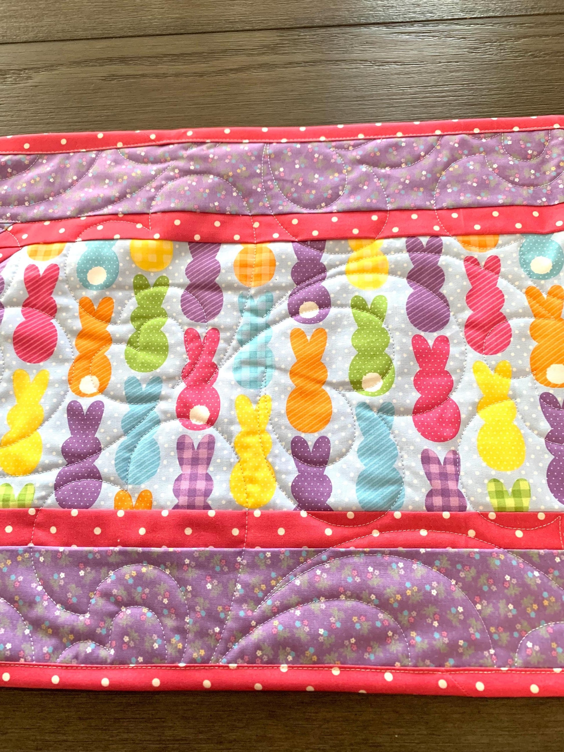 Easter Bunny Peeps Table Runner Quilt, Spring Quilt, Purple, Pink, Yellow, Green, Handmade Quilt