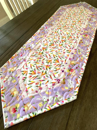 Easter Table Runner Quilt, Spring Quilt, Carrots, Bunnies, Purple, Yellow, Green, Handmade Quilt