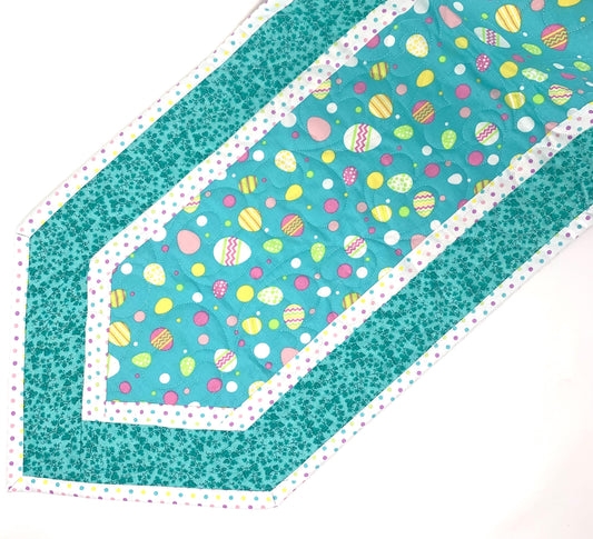Easter Eggs Table Runner Quilt, Spring Quilt, Teal Blue, Yellow, Green, Handmade Quilt