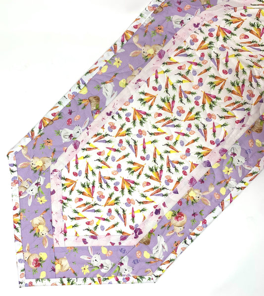 Easter Table Runner Quilt, Spring Quilt, Carrots, Bunnies, Purple, Yellow, Green, Handmade Quilt