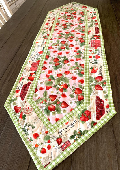 Strawberry Table Runner Quilt, Spring Quilt, Red, Green, Pink, Strawberries, Market, Handmade Quilt