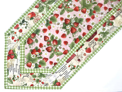 Strawberry Table Runner Quilt, Spring Quilt, Red, Green, Pink, Strawberries, Market, Handmade Quilt