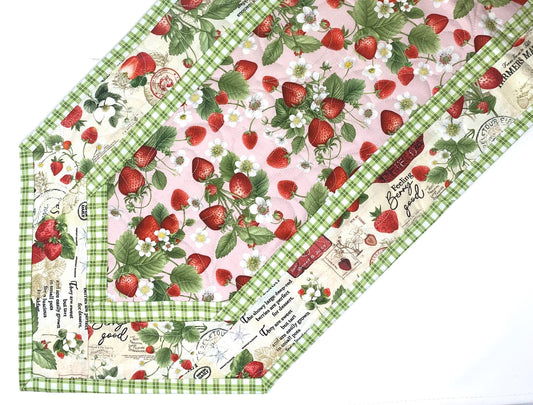 Strawberry Table Runner Quilt, Spring Quilt, Red, Green, Pink, Strawberries, Market, Handmade Quilt
