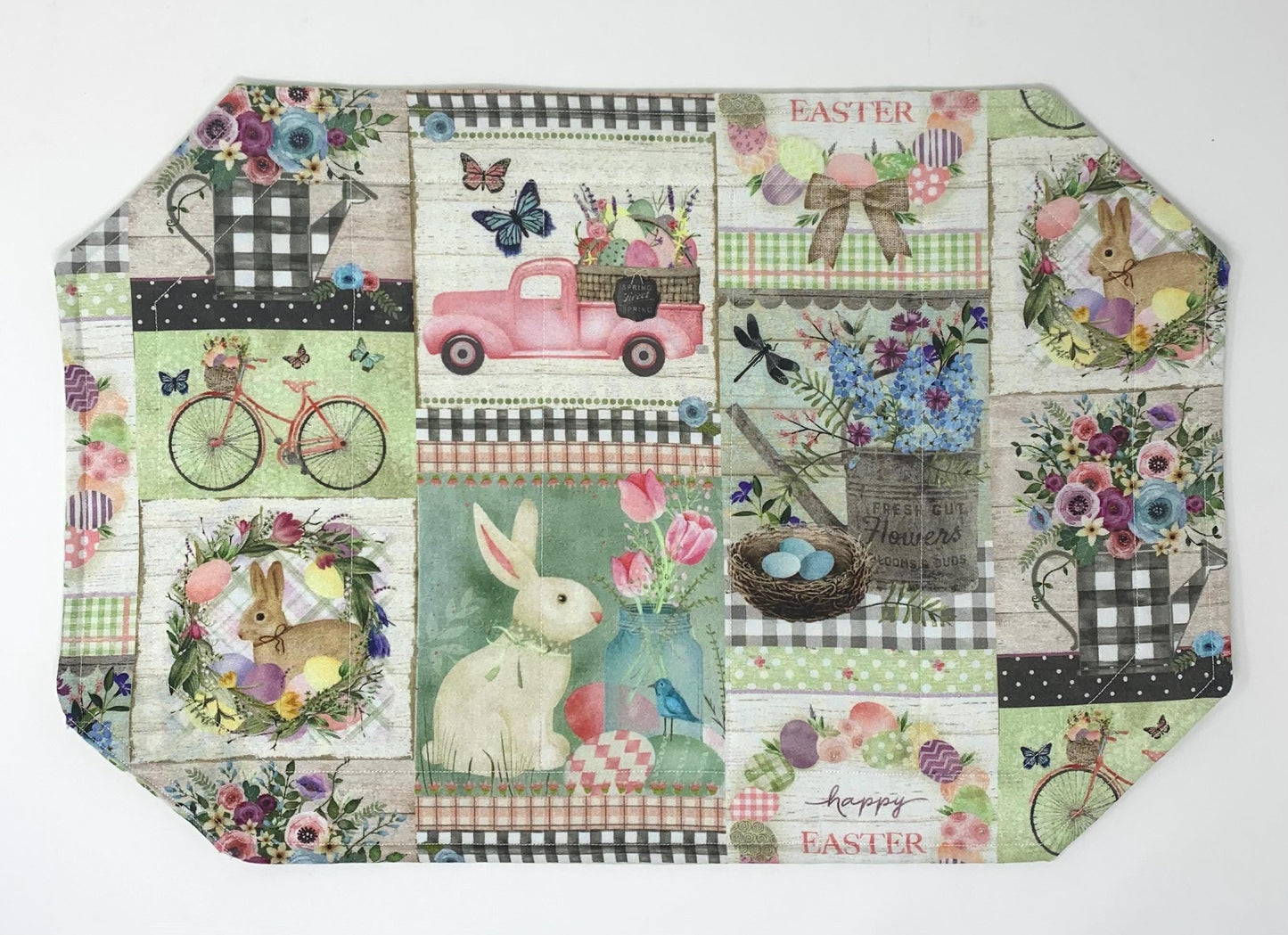 Easter Patchwork Placemat Set, Qulted Place Mats, Octagon Shape, Pink, Green, Bunnies, Trucks