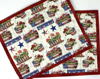 Patriotic Placemats, Geraniums, Red, White, Blue, Set of 2, Handmade