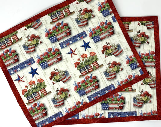 Patriotic Placemats, Geraniums, Red, White, Blue, Set of 2, Handmade