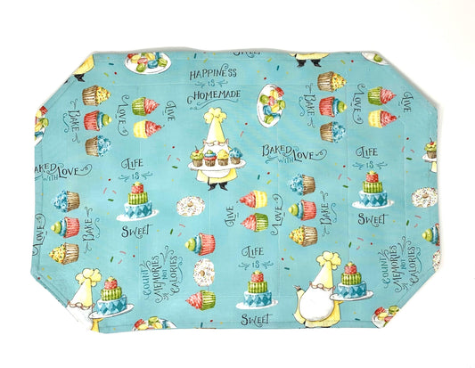 Gnomes Placemat Sets, Qulted Place Mats, Octagon Shape, Baking Gnomes, Blue