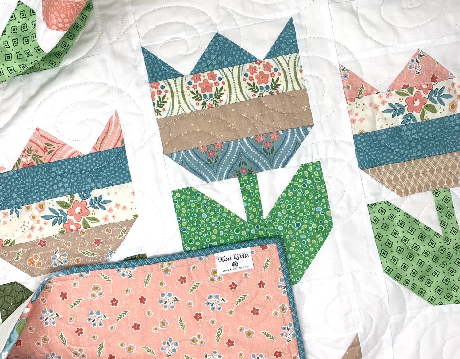 Shabby Chic Floral Tulip Quilt, Lap Couch Throw Quilt, Blue, Green, White, Handmade