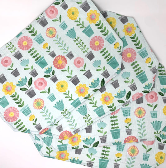 Plants Placemat Set, Qulted Place Mats, Octagon Shape, Potted Plants, Blue
