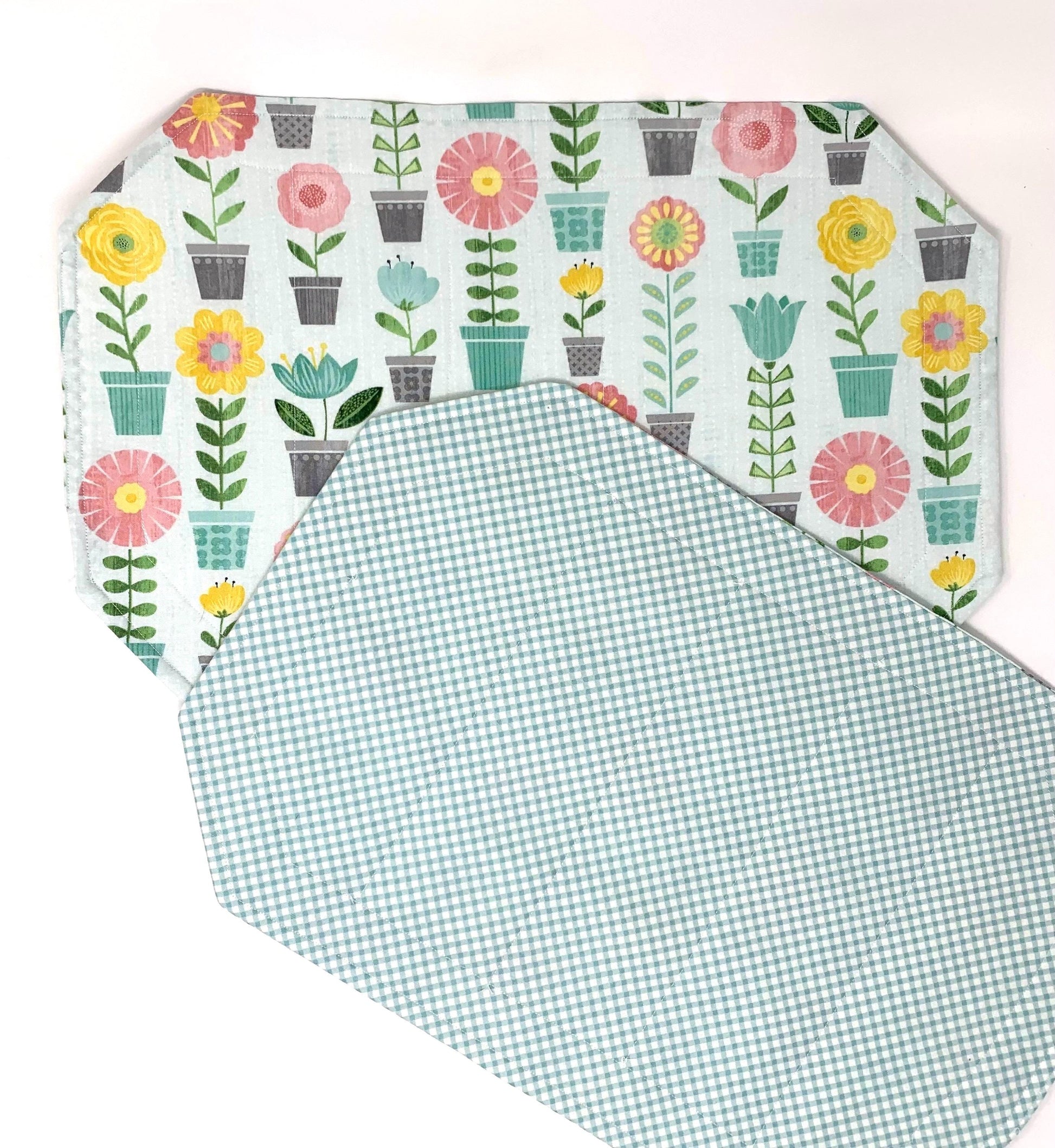 Plants Placemat Set, Qulted Place Mats, Octagon Shape, Potted Plants, Blue