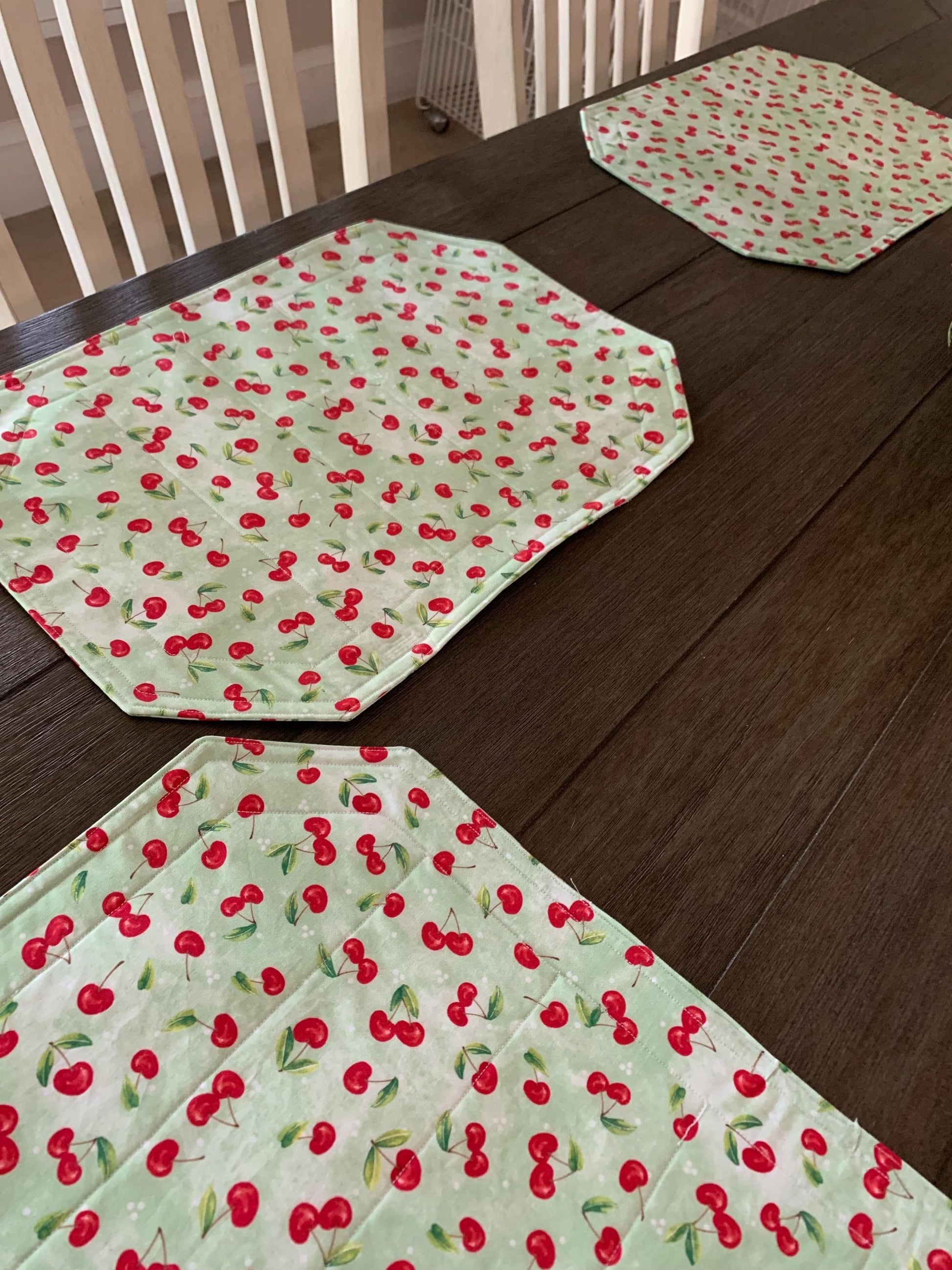 Cherries Placemat Set, Qulted Place Mats, Octagon Shape, Red Cherries on Green