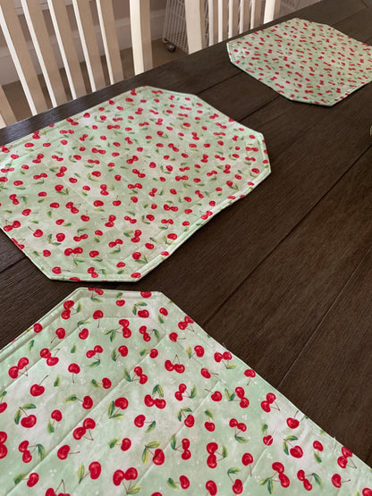 Cherries Placemat Set, Qulted Place Mats, Octagon Shape, Red Cherries on Green