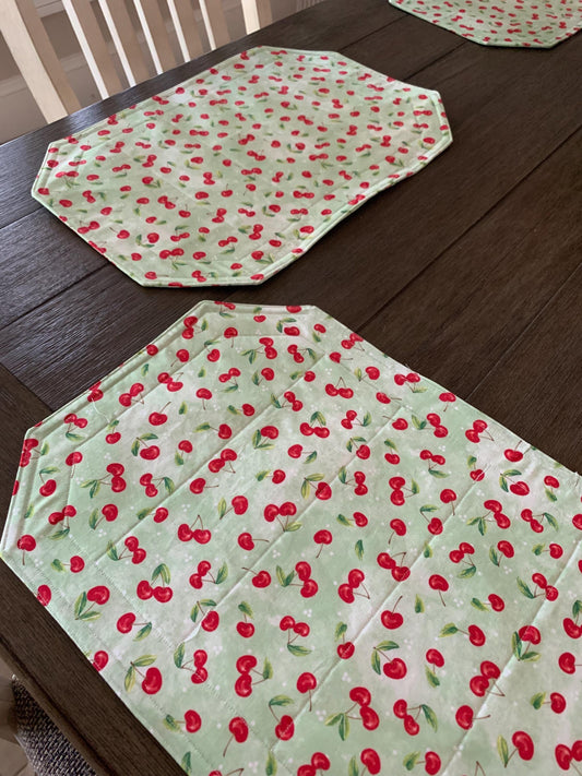 Cherries Placemat Set, Qulted Place Mats, Octagon Shape, Red Cherries on Green