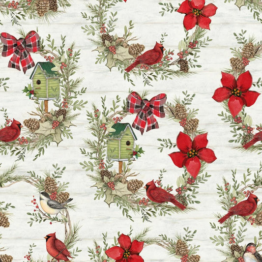Christmas Fabric, Cardinal Wreaths Christmas, Red Cardinals, Bird Houses, Green, Red, White, Yardage