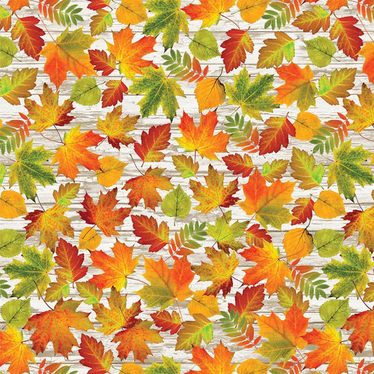 Leaves Yardage, Cider House, Multi Autumn Leaves Harvest, Wood Panel look background, Benartex