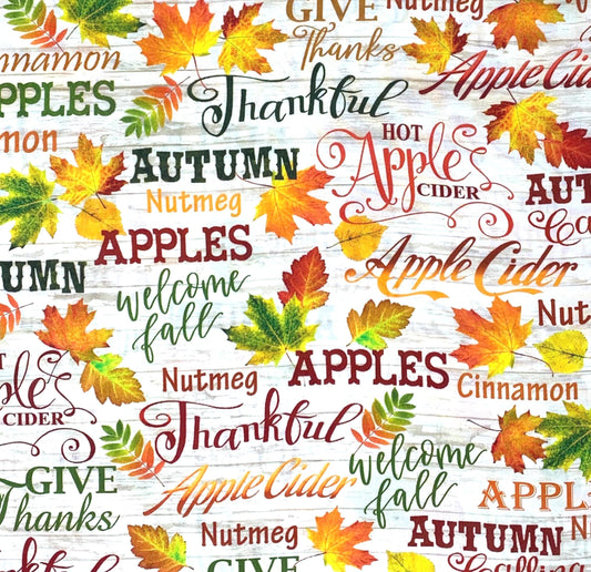 Autumnal Words, Leaves Yardage, Cider House, Wood Panel look background, Benartex