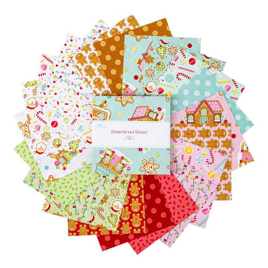 Christmas Fabric Squares, Gingerbread Kisses, Riley Blake, Pink Christmas, 5 inches, 42 squares
