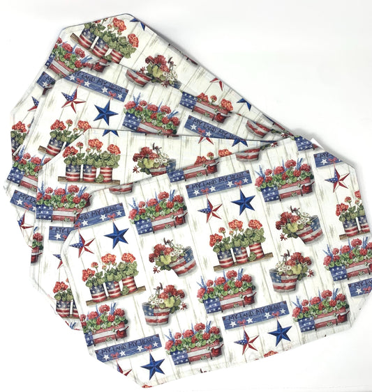 Red Geranium Placemat Set, Quilted Place Mats, Octagon Shape, Patriotic Place Mats, Blue, Red, White