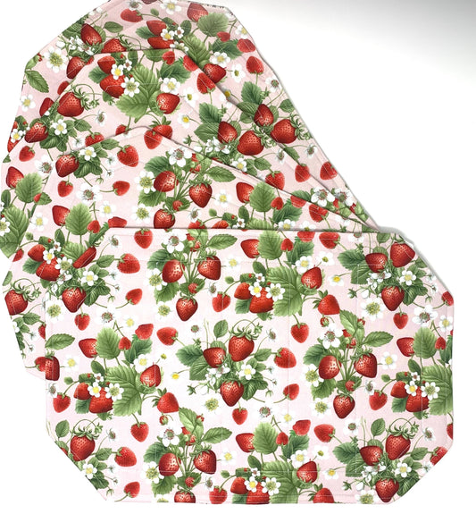 Strawberry Placemat Set, Quilted Place Mats, Octagon Shape, Pink, Red