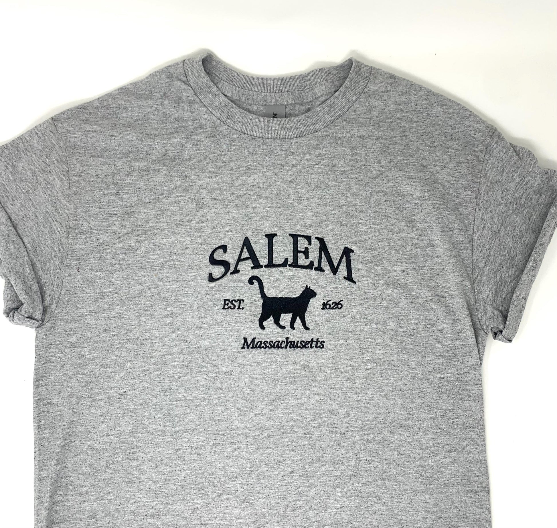 Halloween Unisex Tee Shirt Embroidered, Cat Shirt, Gray, Black