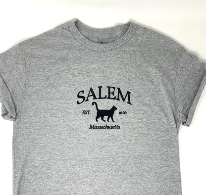 Halloween Unisex Tee Shirt Embroidered, Cat Shirt, Gray, Black