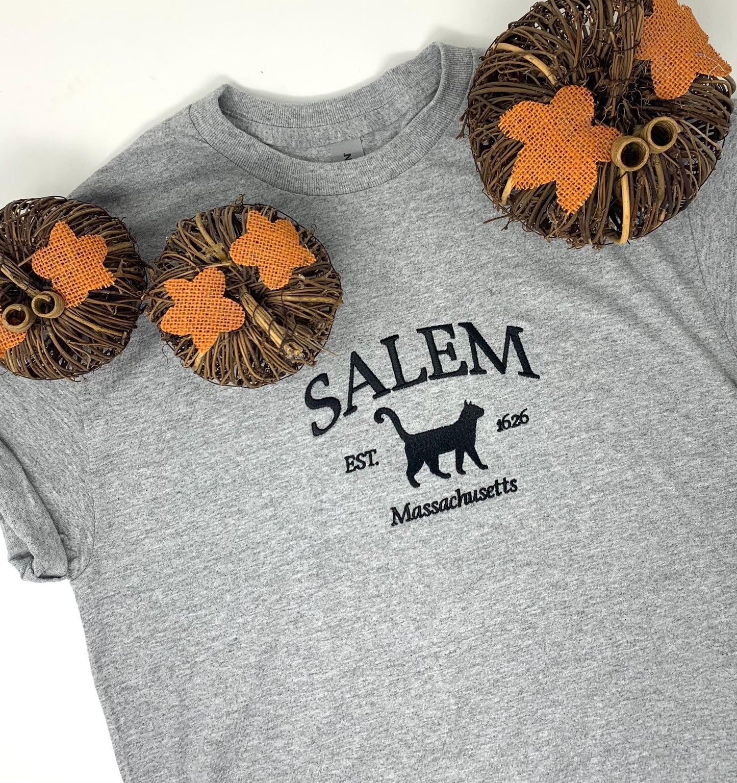 Halloween Unisex Tee Shirt Embroidered, Cat Shirt, Gray, Black