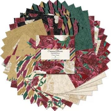 Floral Fabric Squares, Crimson Blooms, Wilmington Prints, 5 inches, 42 squares