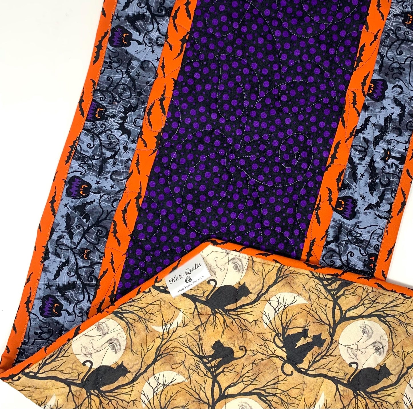 Halloween Table Runner Quilt, Pumpkins, Bats, Purple, Orange, Gray, Handmade Quilt