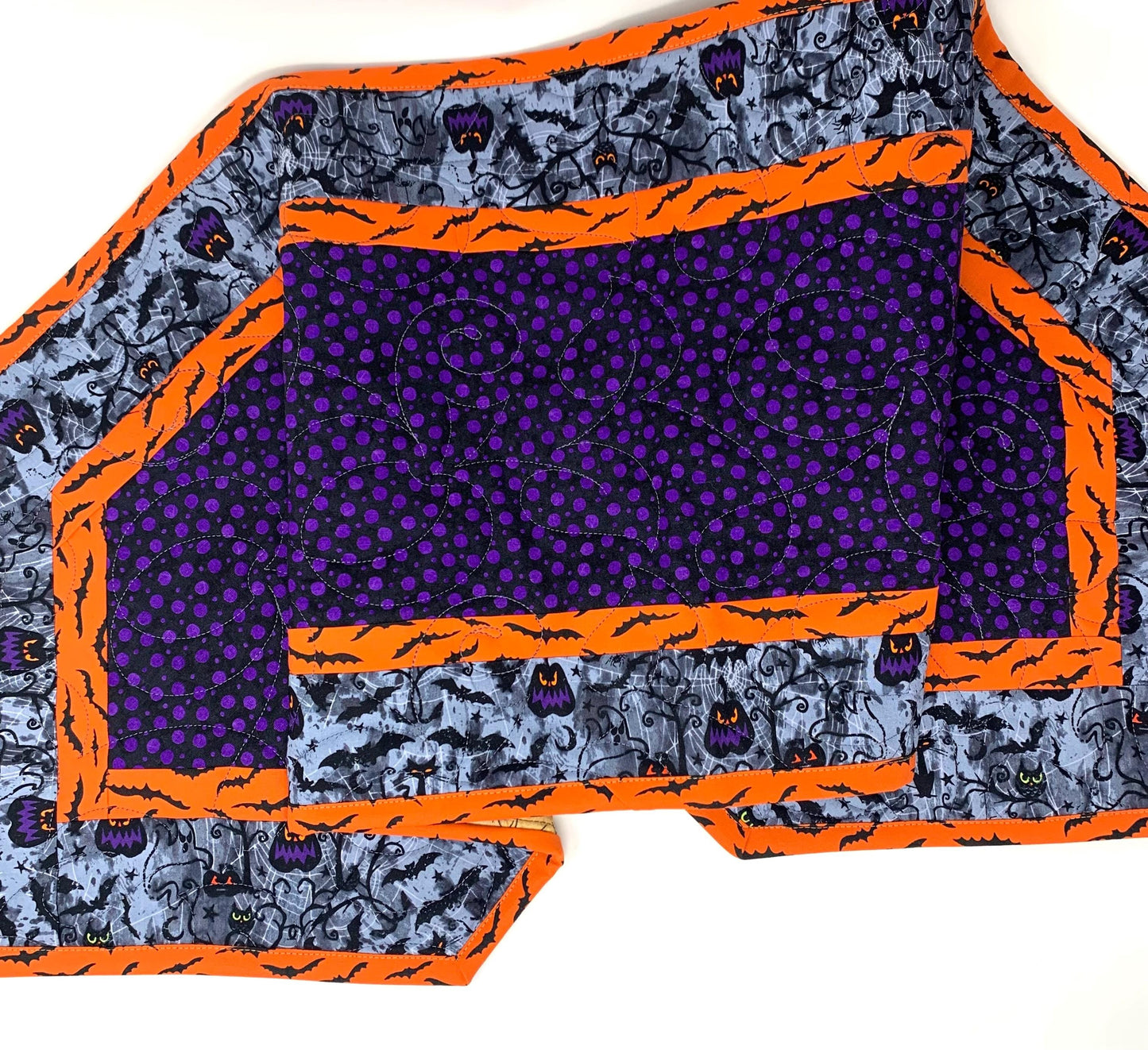 Halloween Table Runner Quilt, Pumpkins, Bats, Purple, Orange, Gray, Handmade Quilt