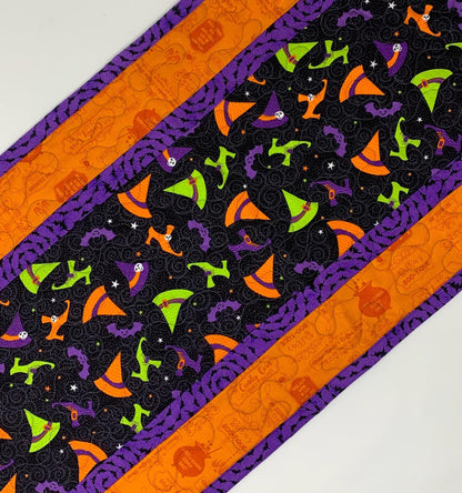 Halloween Witch Table Runner Quilt, Witch Shoes, Hat Quilt, Orange, Purple, Green, Handmade Quilt