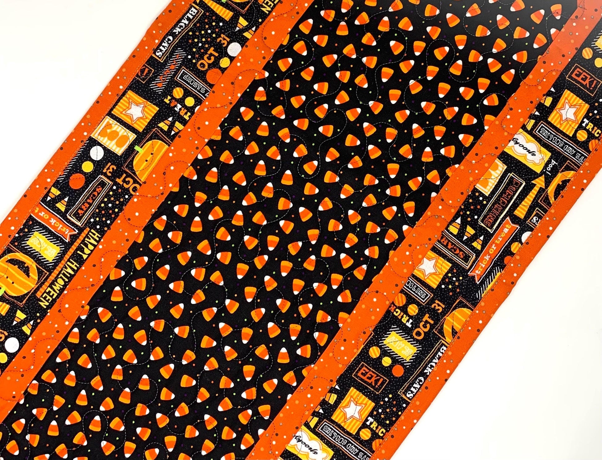Halloween Table Runner Quilt, Candy Corn, Orange, Black, Yellow, Handmade Quilt