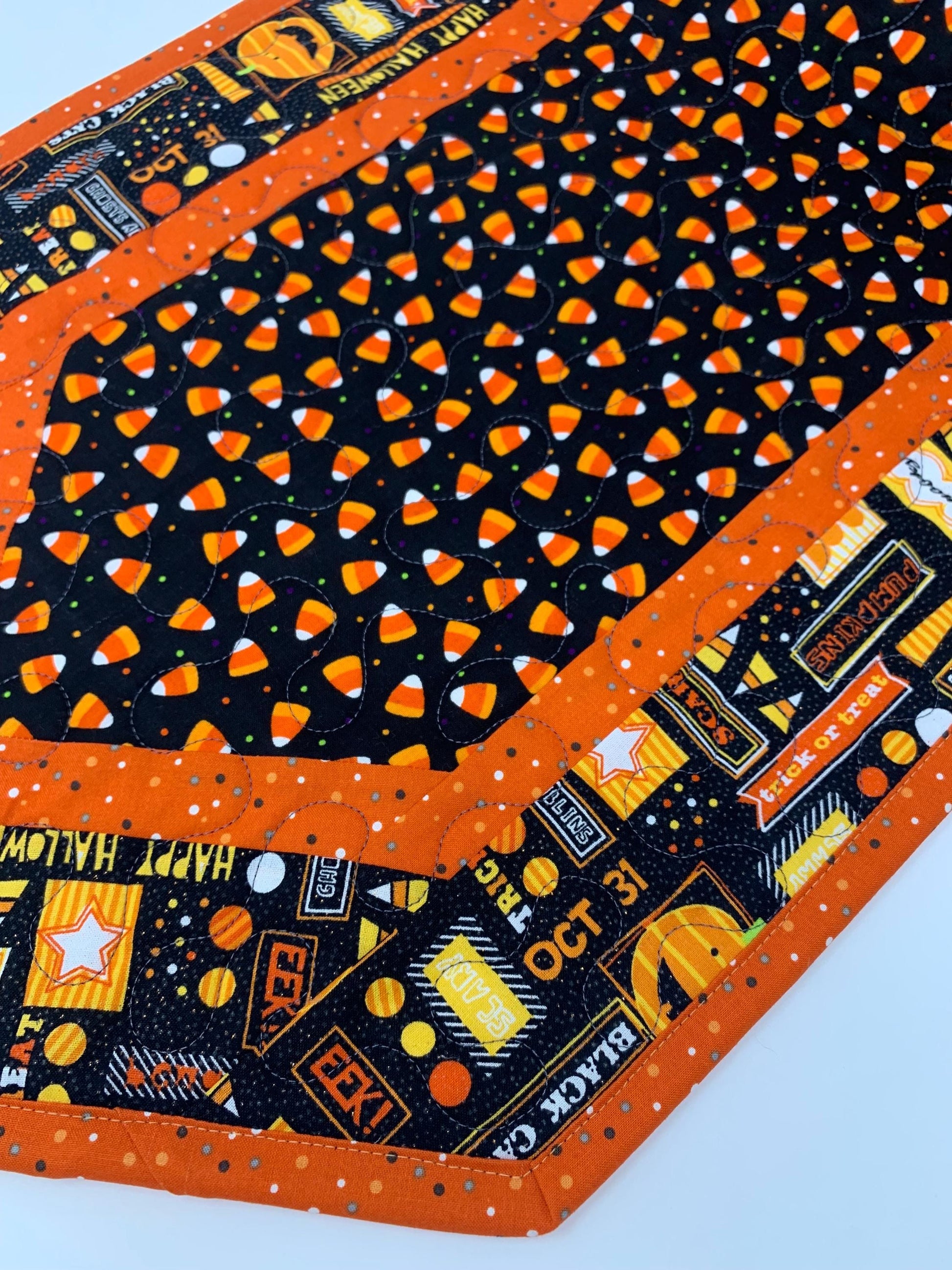 Halloween Table Runner Quilt, Candy Corn, Orange, Black, Yellow, Handmade Quilt