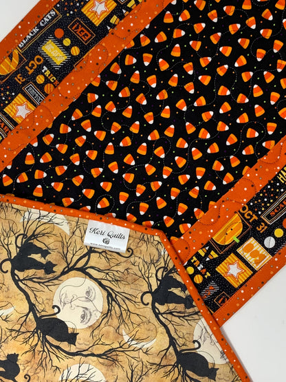 Halloween Table Runner Quilt, Candy Corn, Orange, Black, Yellow, Handmade Quilt