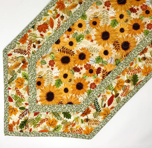 Sunflower Fall Table Runner Quilt, Yellow, Brown, Green,Handmade Quilt
