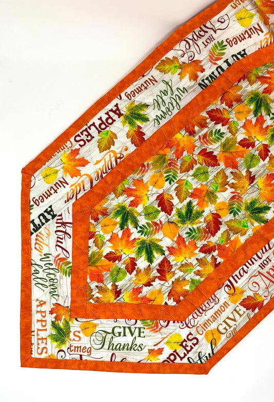 Bright Leaves Fall Words Table Runner Quilt, Orange, Yellow, Green, Handmade Quilt