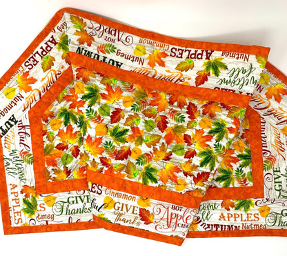 Bright Leaves Fall Words Table Runner Quilt, Orange, Yellow, Green, Handmade Quilt