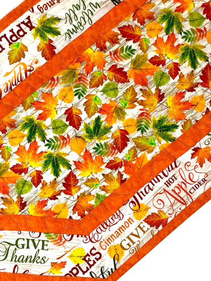 Bright Leaves Fall Words Table Runner Quilt, Orange, Yellow, Green, Handmade Quilt